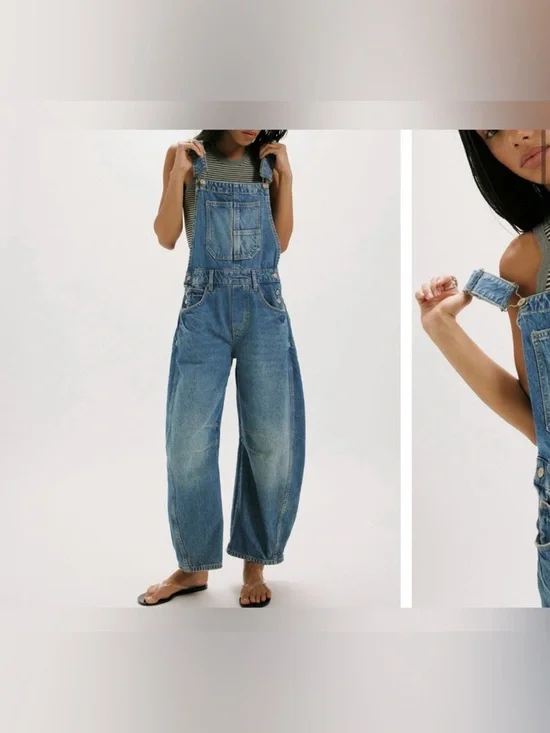 NWOT Free People We The Free Good Luck Barrel Overalls Ultra Light Beam - SMALL - Picture 2 of 11